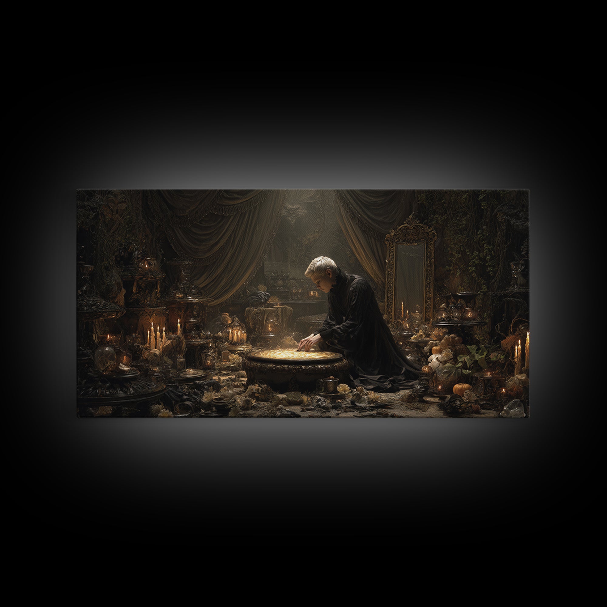 The Cave Oracle, Wide Panoramic Art, Haunted Gothic Art, Framed Canvas Print, Halloween Wall Decor, Gothic Home Decor