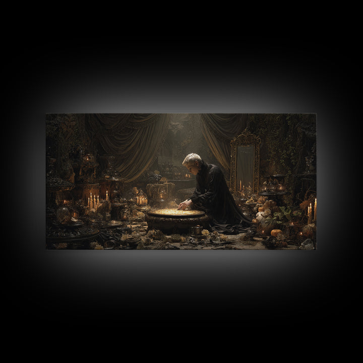 The Cave Oracle, Wide Panoramic Art, Haunted Gothic Art, Framed Canvas Print, Halloween Wall Decor, Gothic Home Decor
