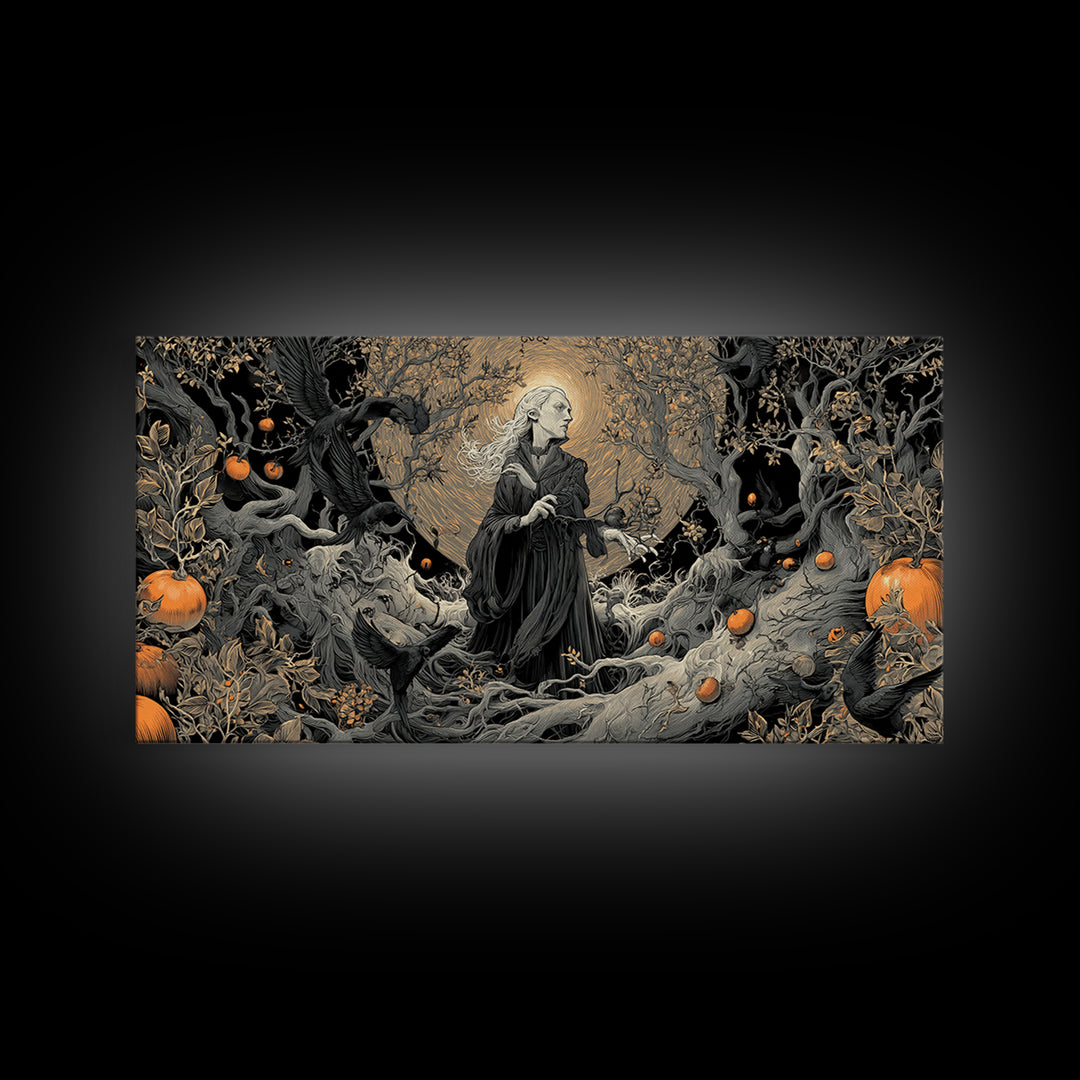 The Orchard Hag, Wide Panoramic Art, Gothic Horror Wall Art, Framed Canvas Print, Halloween Wall Decor, Gothic Home Decor
