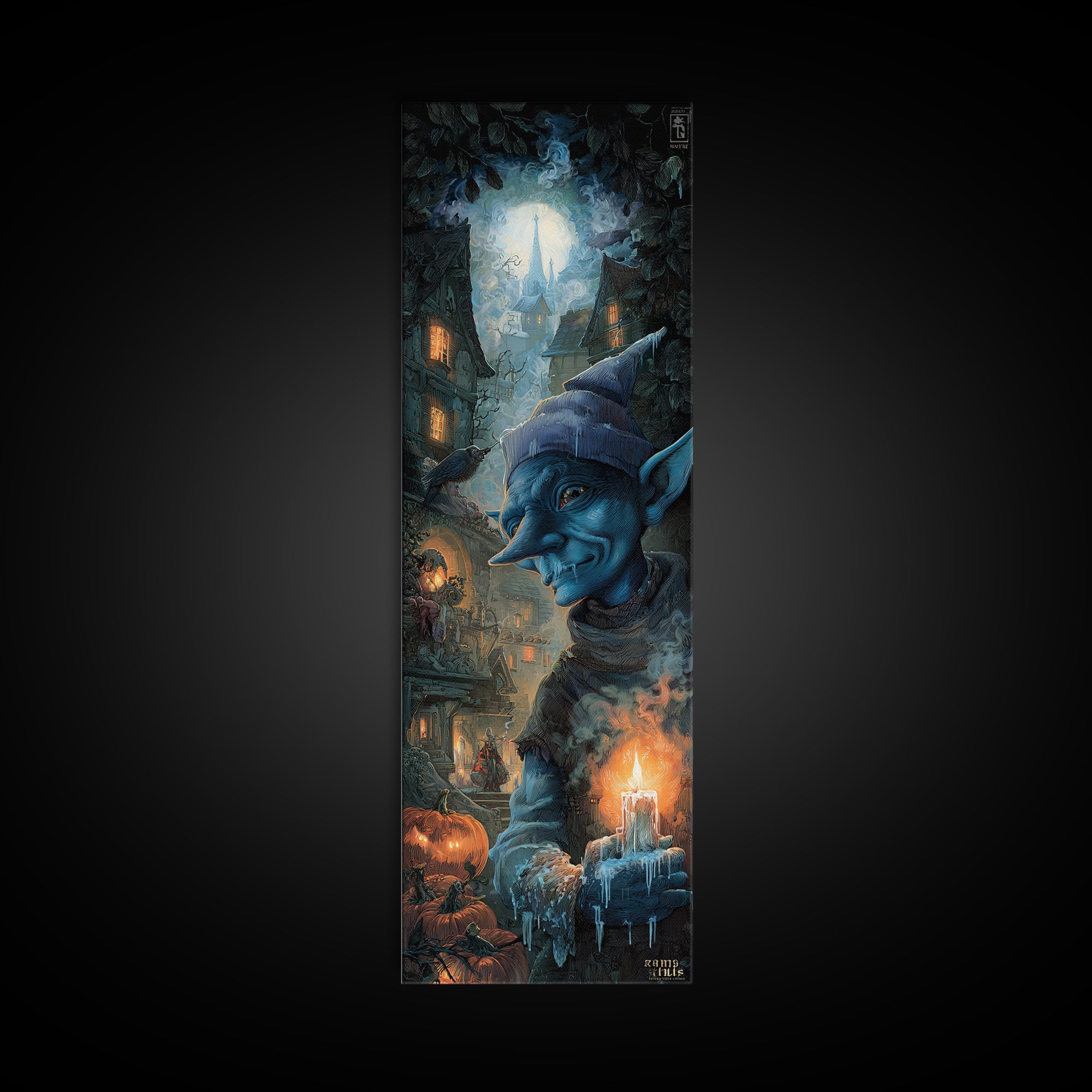 The Frost Goblin, Tall Narrow Wall Art, Macabre Wall Art, Framed Canvas Print, Halloween Wall Decor, Gothic Home Decor, Seasonal Home Decor