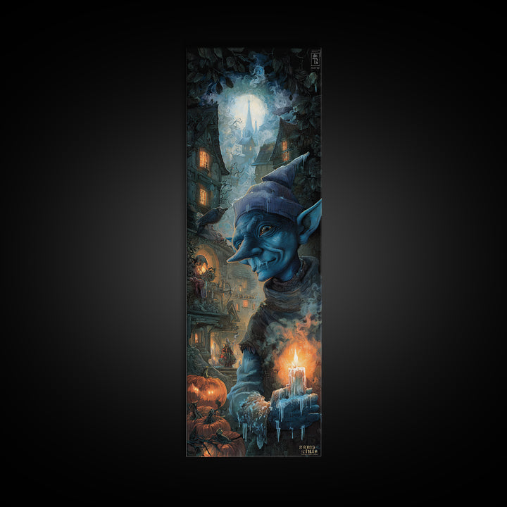 The Frost Goblin, Tall Narrow Wall Art, Macabre Wall Art, Framed Canvas Print, Halloween Wall Decor, Gothic Home Decor, Seasonal Home Decor