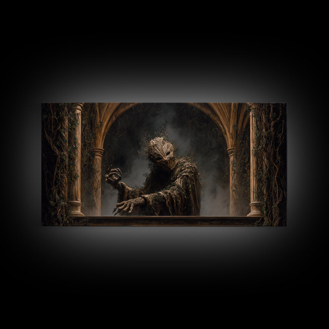 The Hollow-Tree Monster, Wide Panoramic Art, Macabre Wall Art, Framed Canvas Print, Halloween Wall Decor, Gothic Home Decor