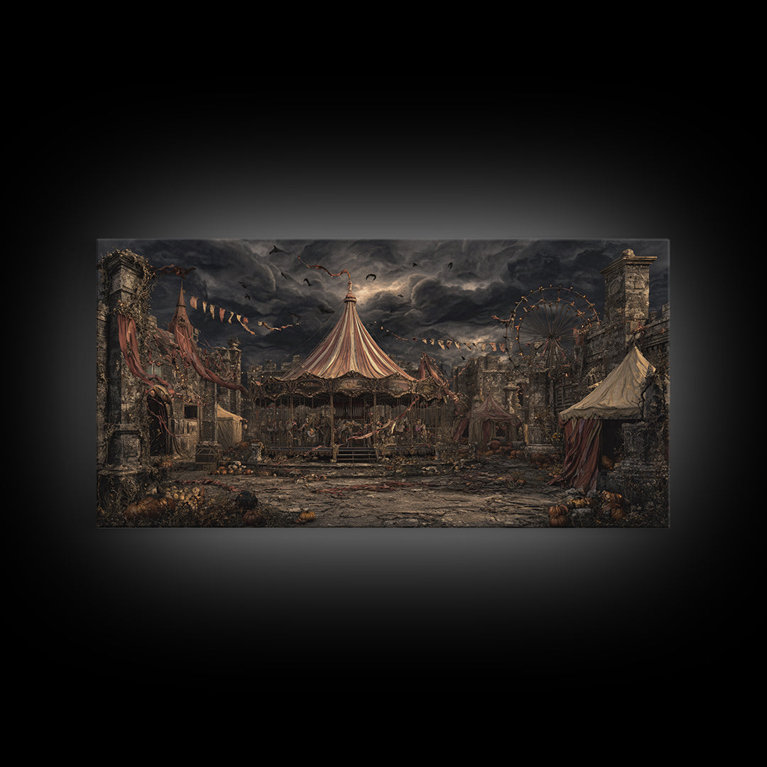 The Abandoned Carnival, Wide Panoramic Art, Macabre Wall Art, Framed Canvas Print, Halloween Wall Decor, Gothic Home Decor, Horror Wall Art