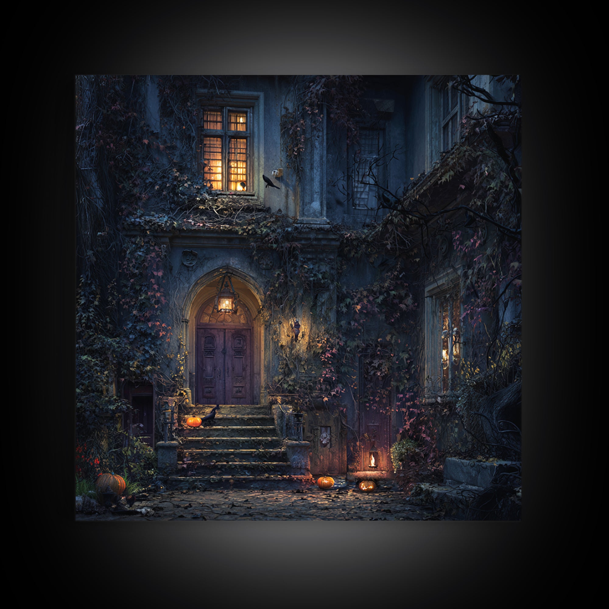 The Haunted Manor, Square Wall Art, Macabre Wall Art, Framed Canvas Print, Halloween Wall Decor, Gothic Home Decor, Collectible Wall Decor