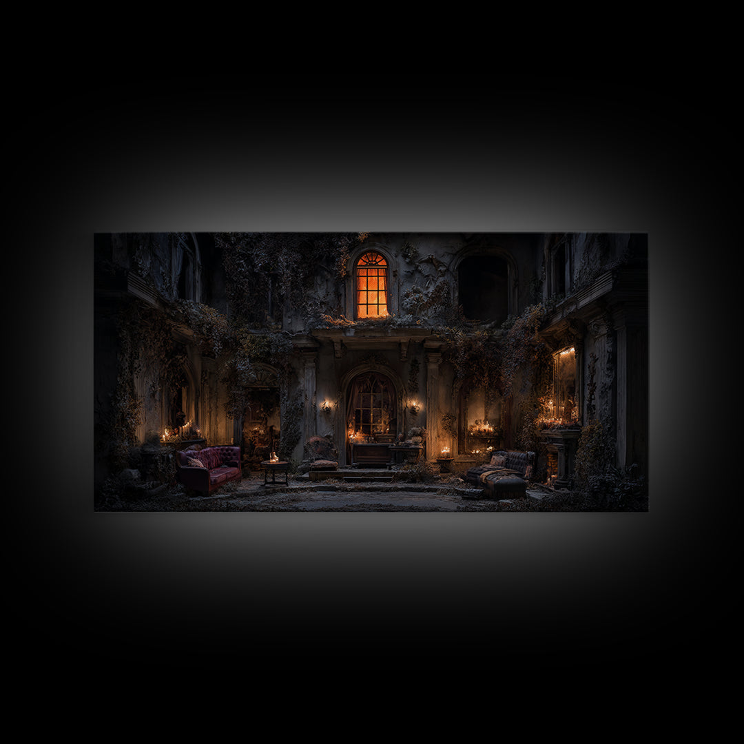 The Haunted Manor, Wide Panoramic Art, Macabre Wall Art, Framed Canvas Print, Halloween Wall Decor, Gothic Home Decor, Horror Wall Art