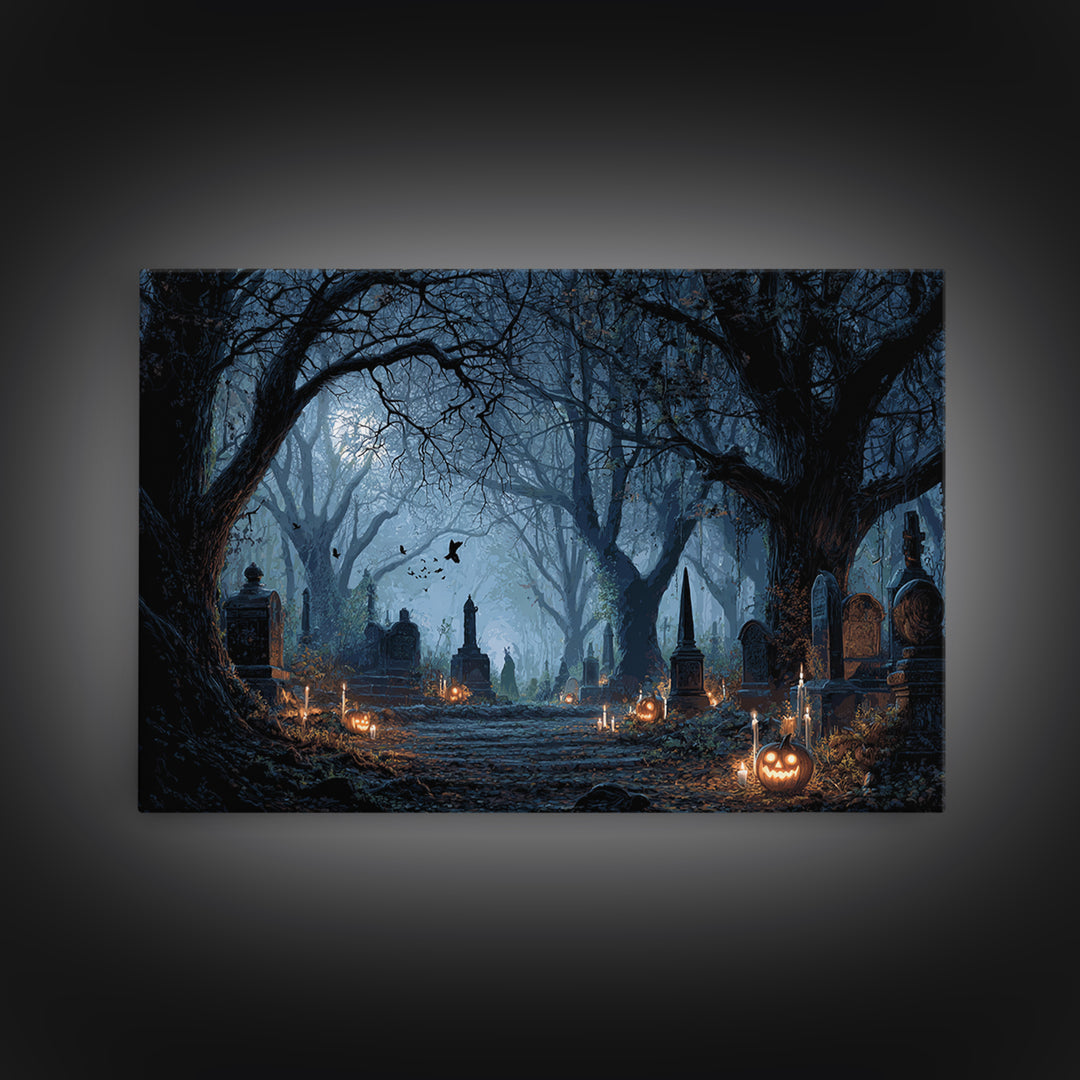 The Moonlit Cemetery, Landscape Wall Art, Gothic Horror Wall Art, Framed Canvas Print, Halloween Wall Decor, Gothic Home Decor