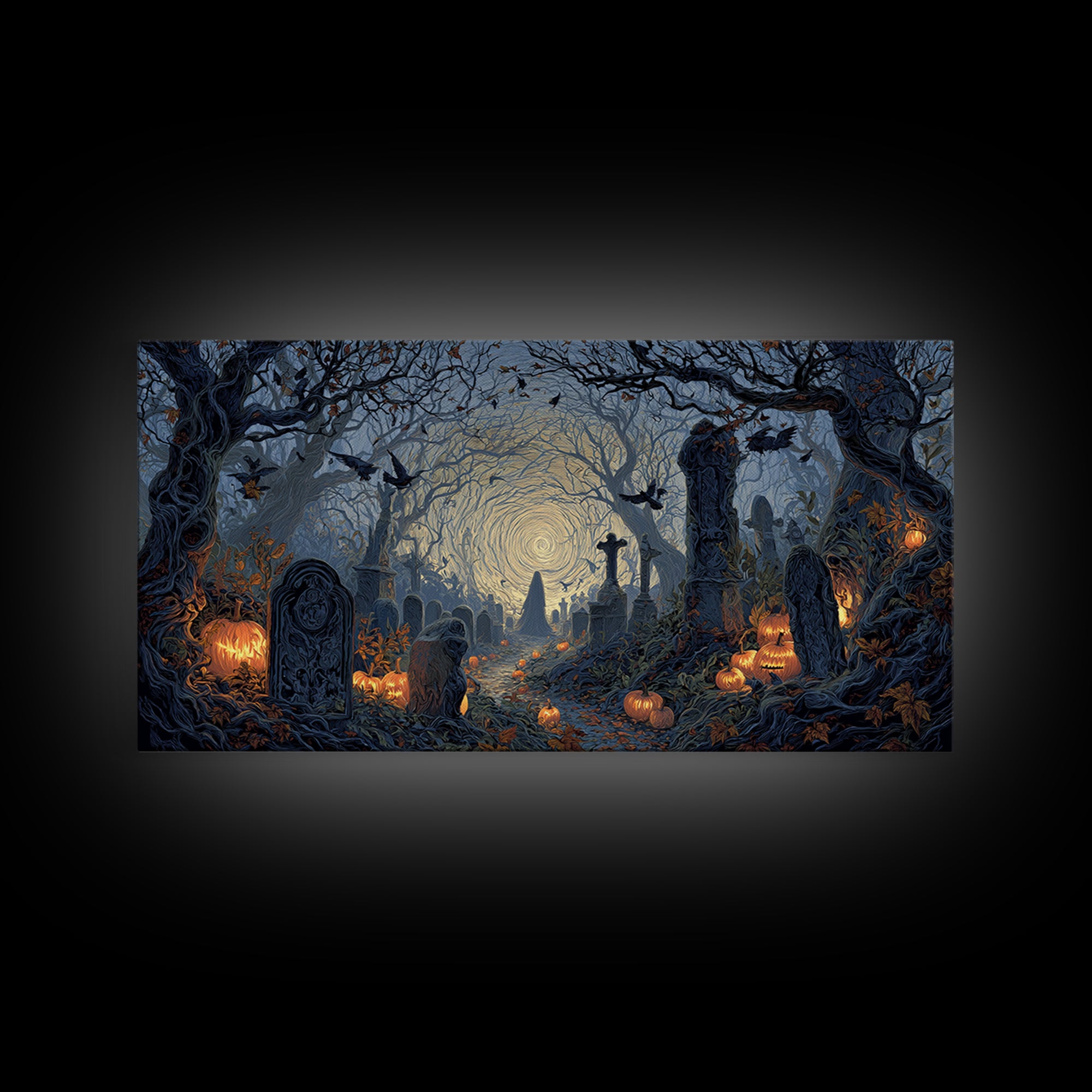 The Moonlit Cemetery, Wide Panoramic Art, Spooky Home Decor, Canvas Print, Halloween Wall Decor, Gothic Home Decor, Halloween Wall Art