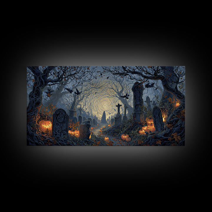 The Moonlit Cemetery, Wide Panoramic Art, Spooky Home Decor, Canvas Print, Halloween Wall Decor, Gothic Home Decor, Halloween Wall Art