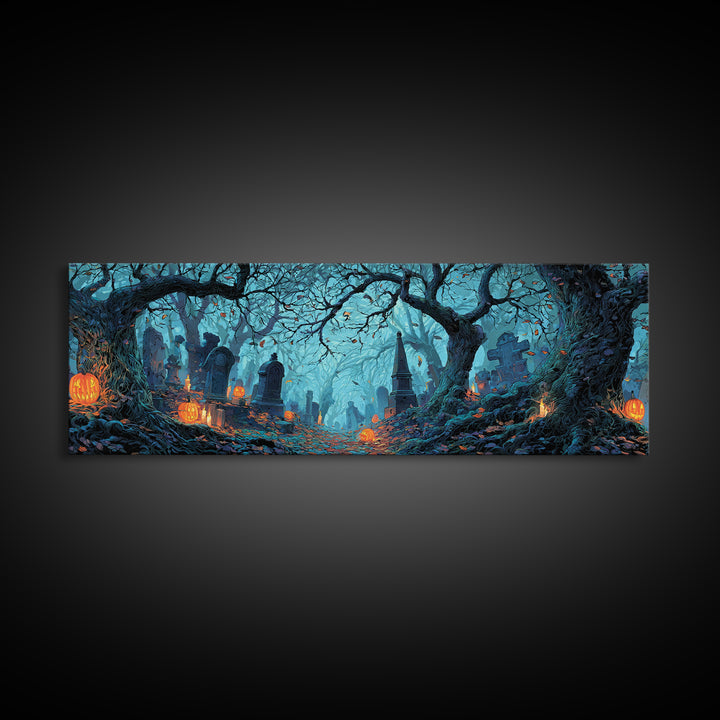 The Moonlit Cemetery, Extra Wide Wall Art, Dark Fantasy Wall Art, Canvas Print, Halloween Wall Decor, Gothic Home Decor, Spooky Wall Decor