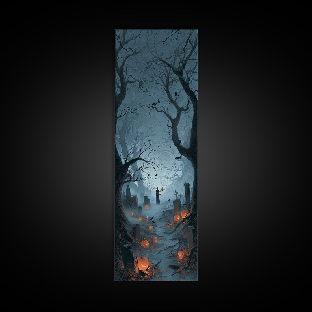 The Moonlit Cemetery, Tall Narrow Wall Art, Haunted Gothic Art, Framed Canvas Print, Halloween Wall Decor, Gothic Home Decor