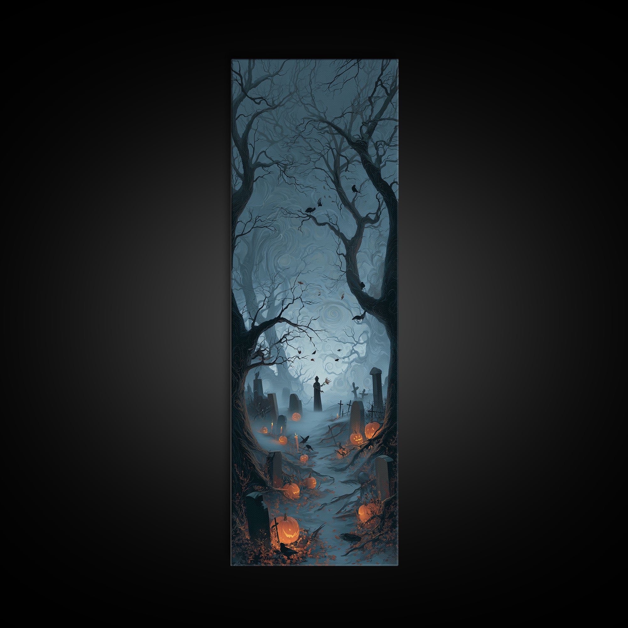 The Moonlit Cemetery, Tall Narrow Wall Art, Haunted Gothic Art, Framed Canvas Print, Halloween Wall Decor, Gothic Home Decor
