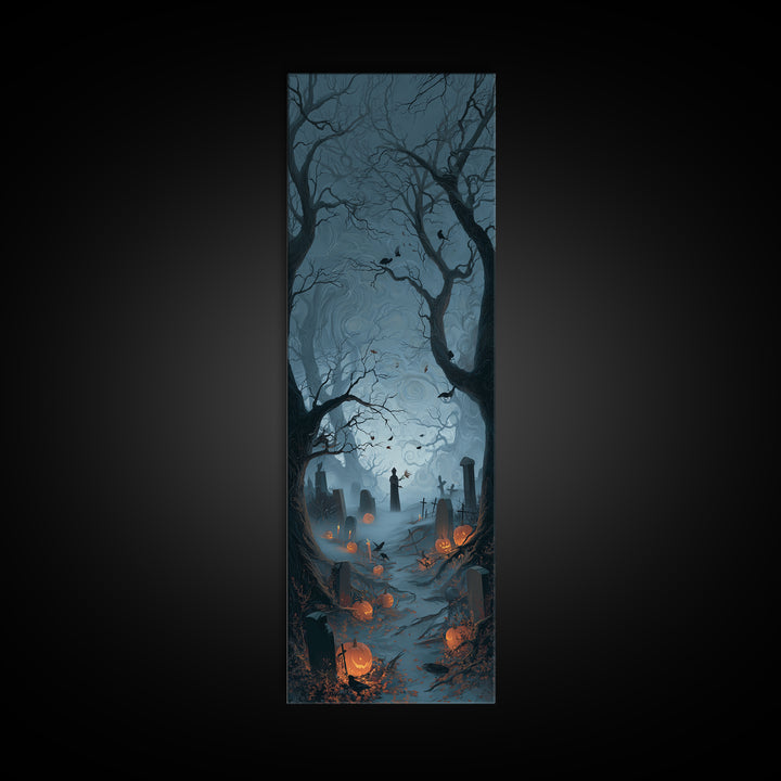 The Moonlit Cemetery, Tall Narrow Wall Art, Haunted Gothic Art, Framed Canvas Print, Halloween Wall Decor, Gothic Home Decor