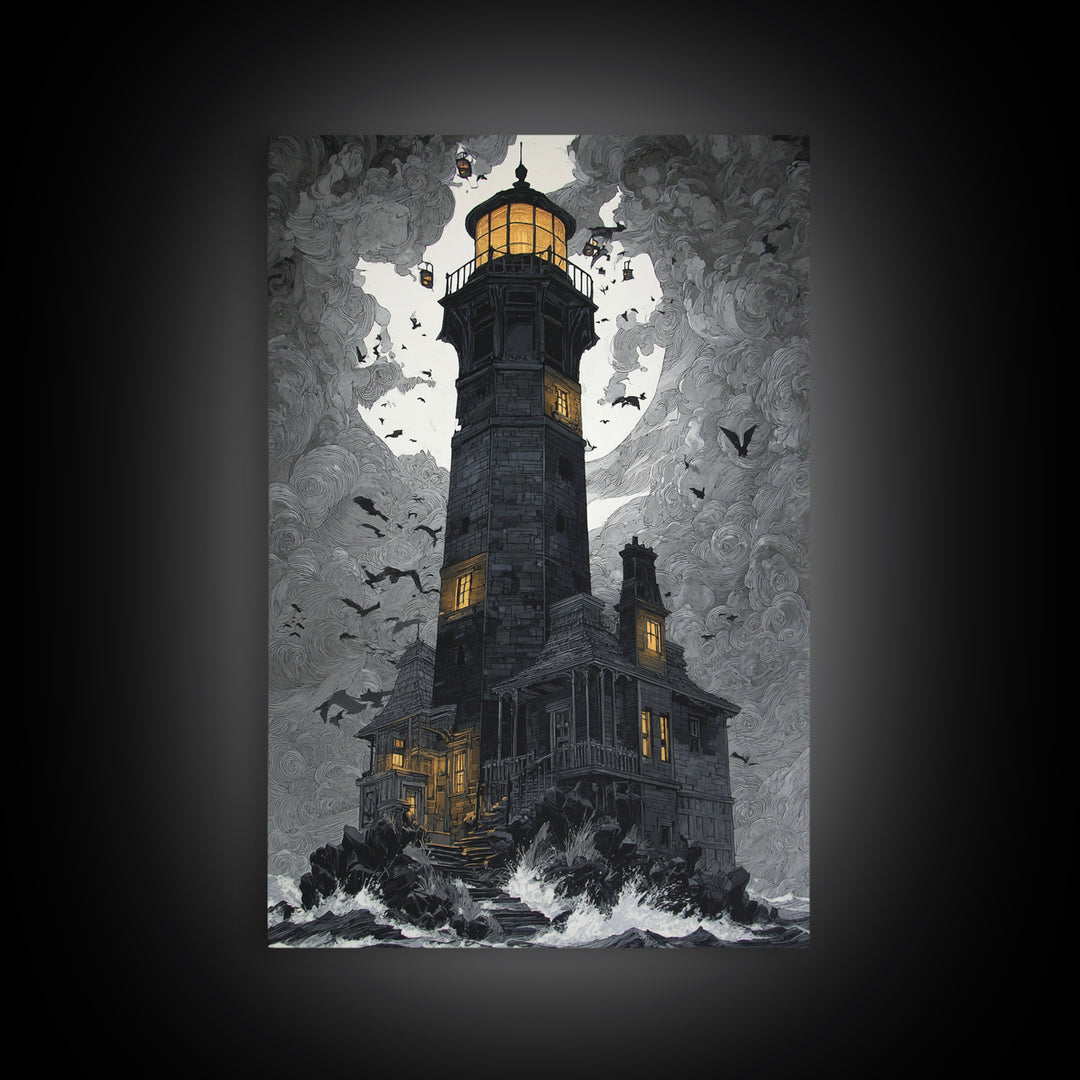 The Cursed Lighthouse, Vertical Wall Art, Macabre Wall Art, Framed Canvas Print, Halloween Wall Decor, Gothic Home Decor
