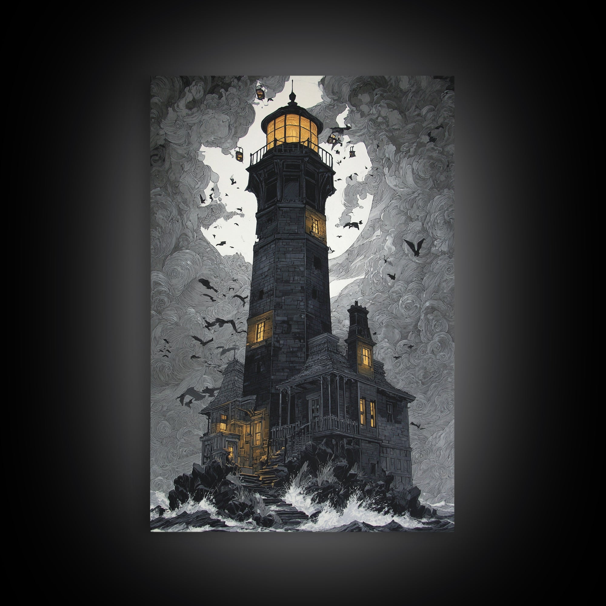 The Cursed Lighthouse, Vertical Wall Art, Macabre Wall Art, Framed Canvas Print, Halloween Wall Decor, Gothic Home Decor