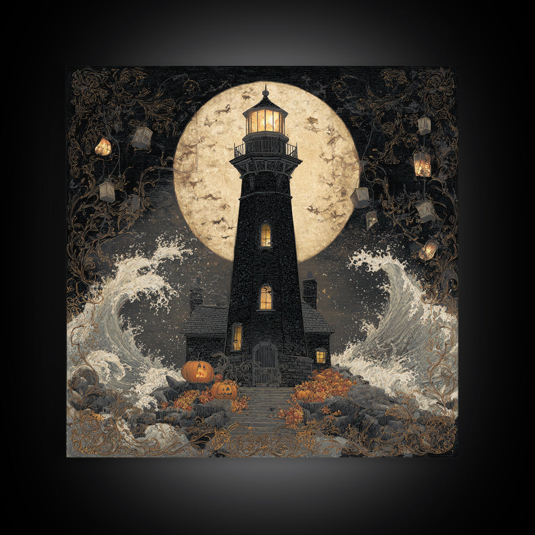 The Cursed Lighthouse, Square Wall Art, Haunted Gothic Art, Framed Canvas Print, Halloween Wall Decor, Gothic Home Decor, Dark Fantasy Art