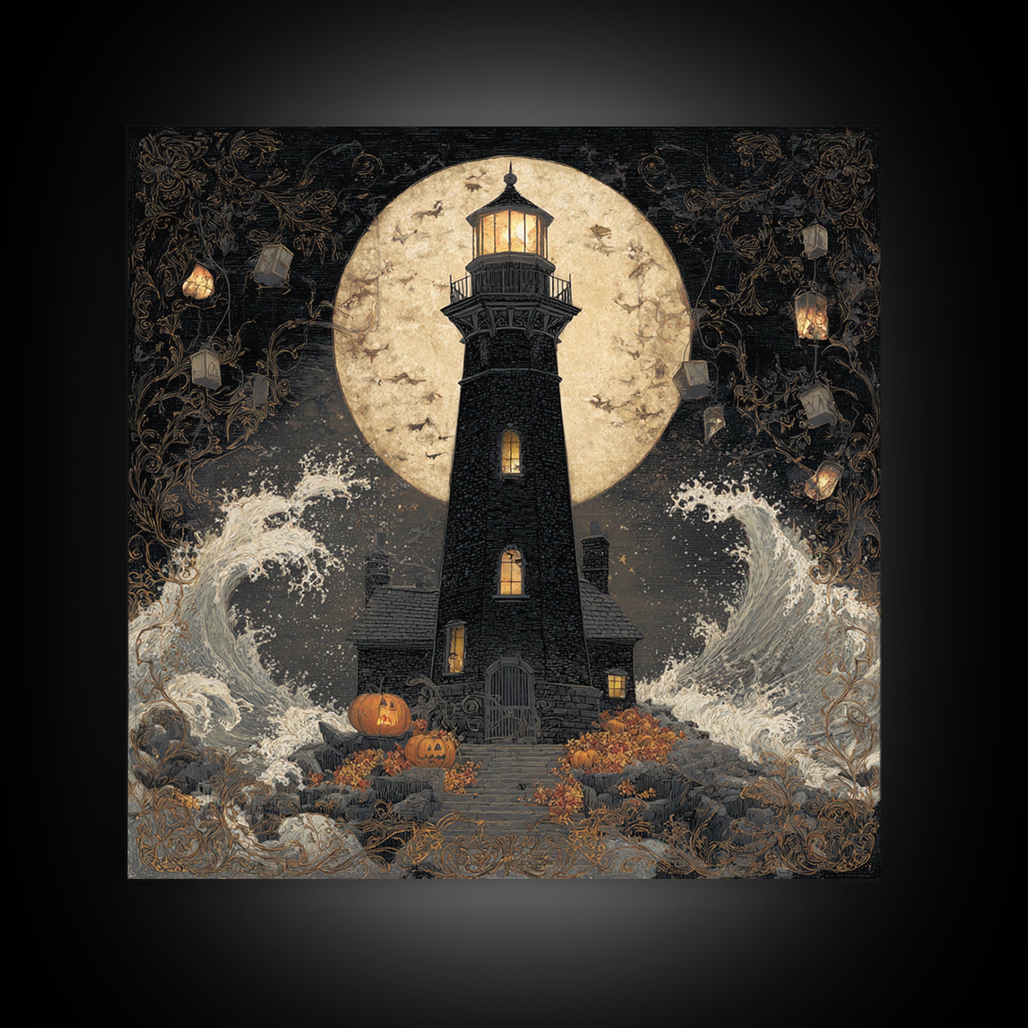 The Cursed Lighthouse, Square Wall Art, Haunted Gothic Art, Framed Canvas Print, Halloween Wall Decor, Gothic Home Decor, Dark Fantasy Art