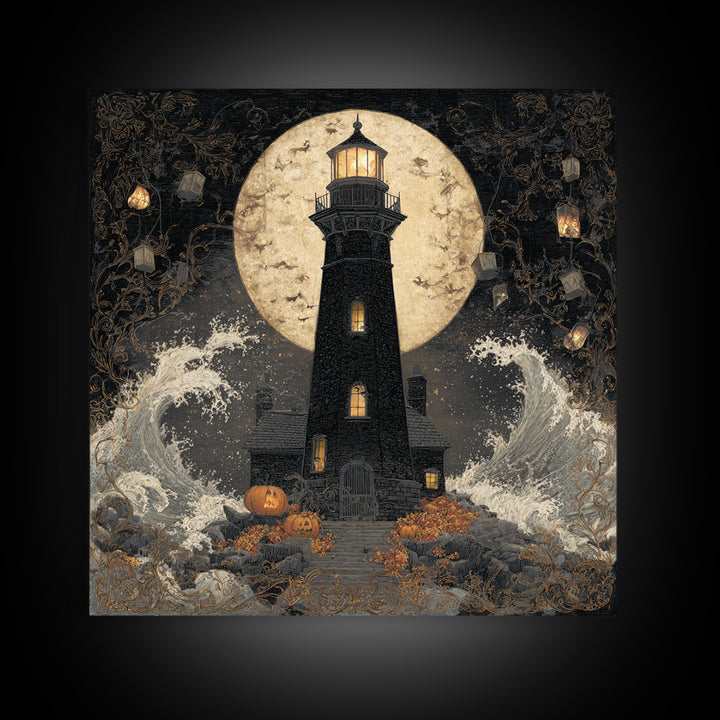 The Cursed Lighthouse, Square Wall Art, Haunted Gothic Art, Framed Canvas Print, Halloween Wall Decor, Gothic Home Decor, Dark Fantasy Art