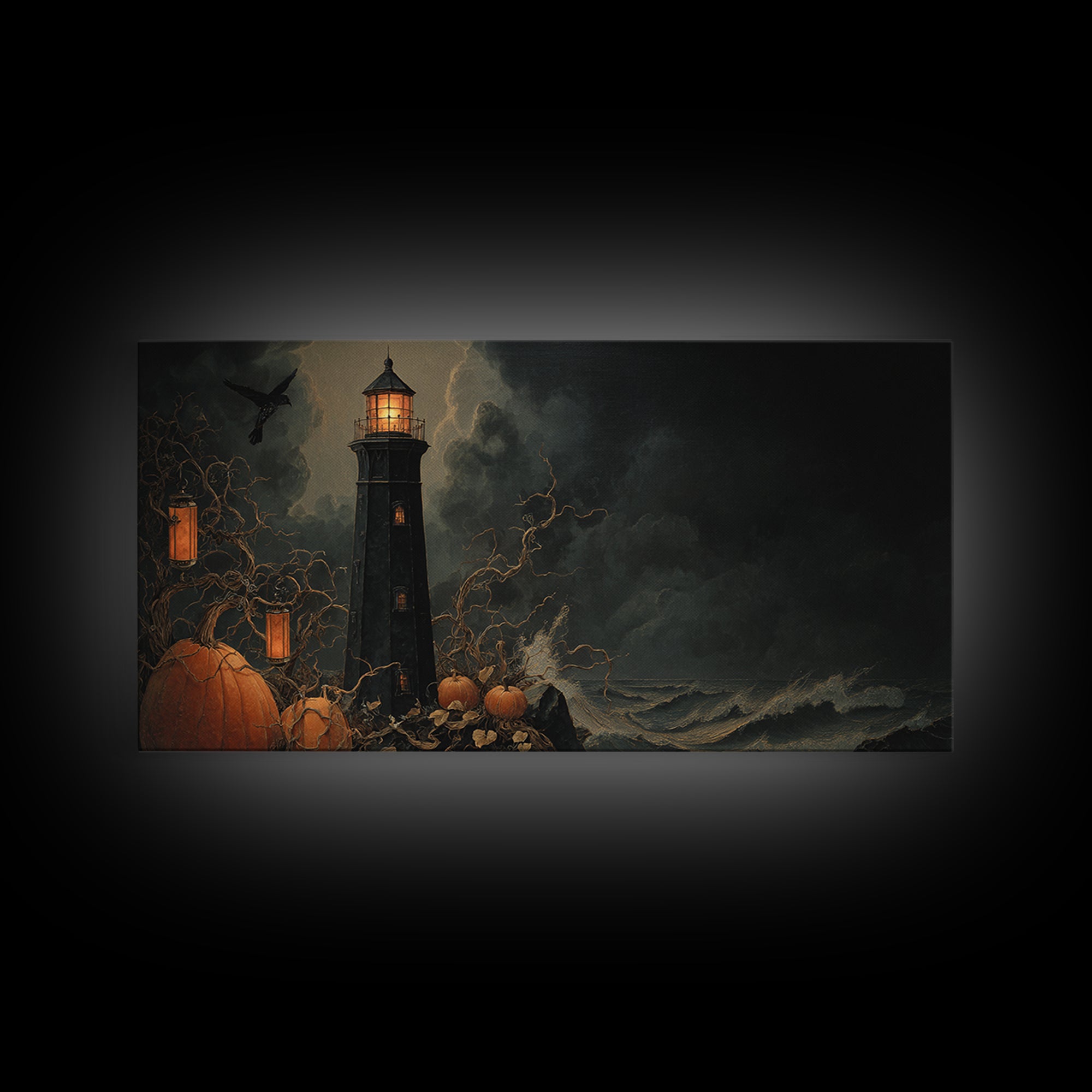 The Cursed Lighthouse, Wide Panoramic Art, Dark Halloween Decor, Canvas Print, Halloween Wall Decor, Gothic Home Decor