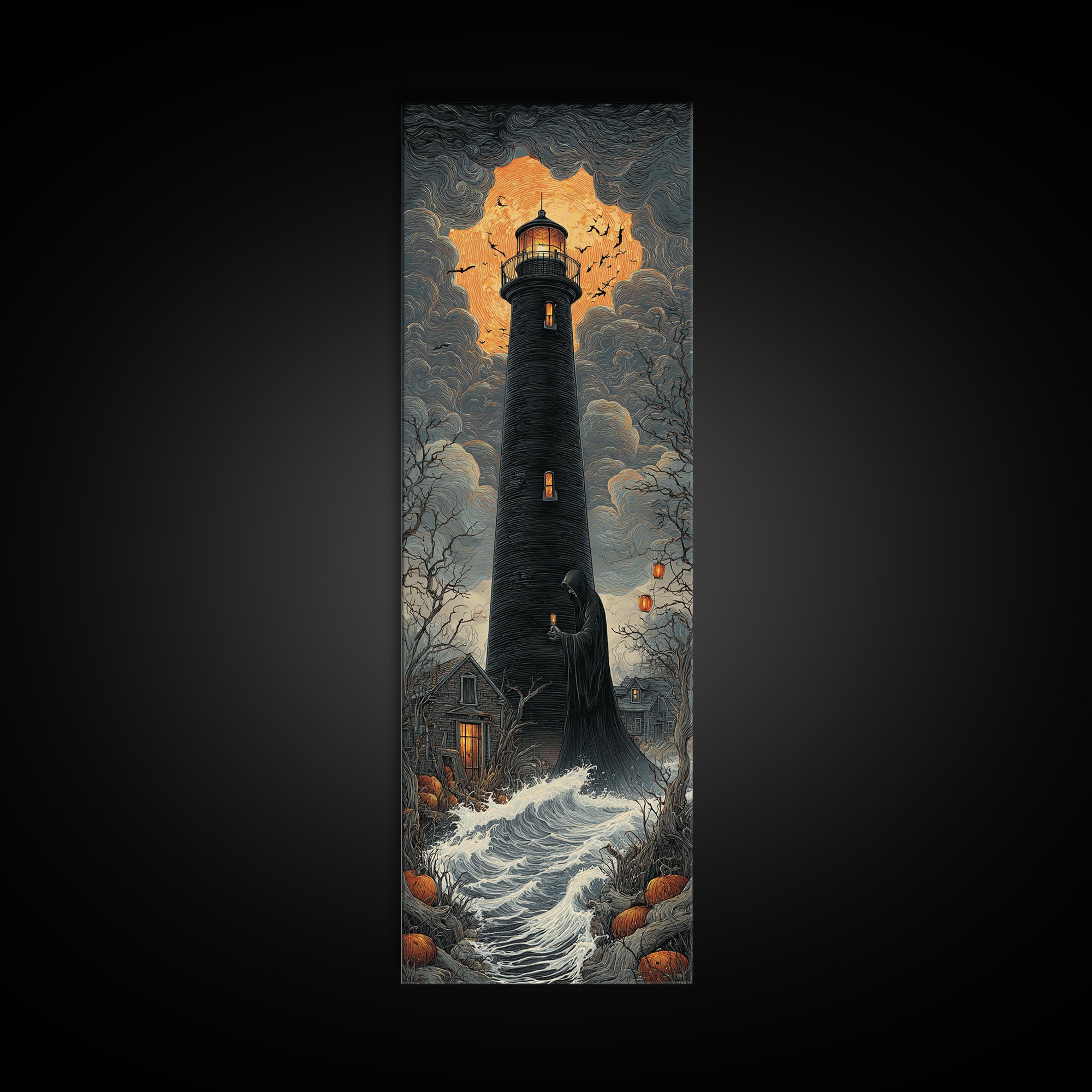 The Cursed Lighthouse, Tall Narrow Wall Art, Dark Halloween Decor, Canvas Print, Halloween Wall Decor, Gothic Home Decor, Dark Fantasy Art