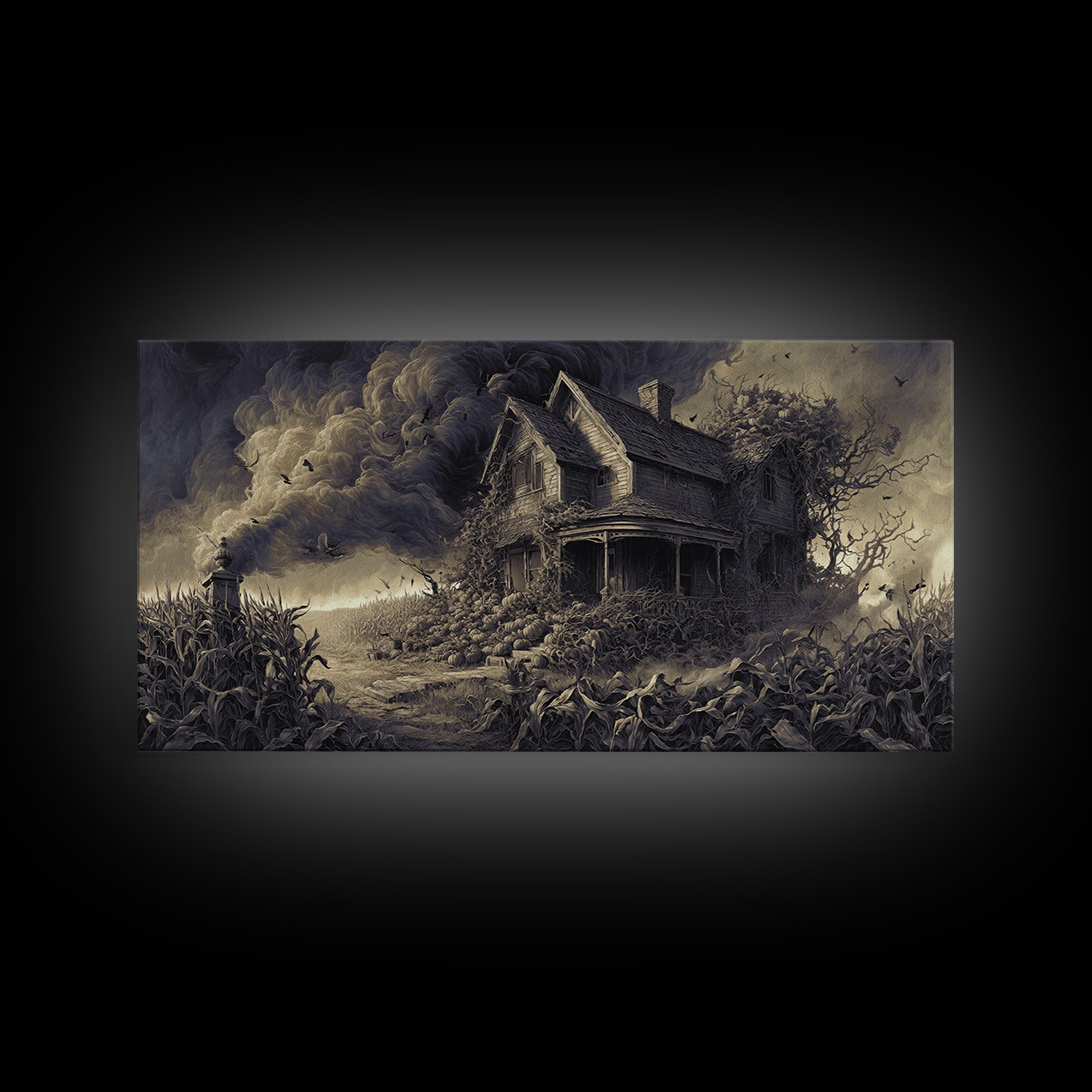 The Possessed Farmhouse, Wide Panoramic Art, Gothic Horror Wall Art, Framed Canvas Print, Halloween Wall Decor, Gothic Home Decor