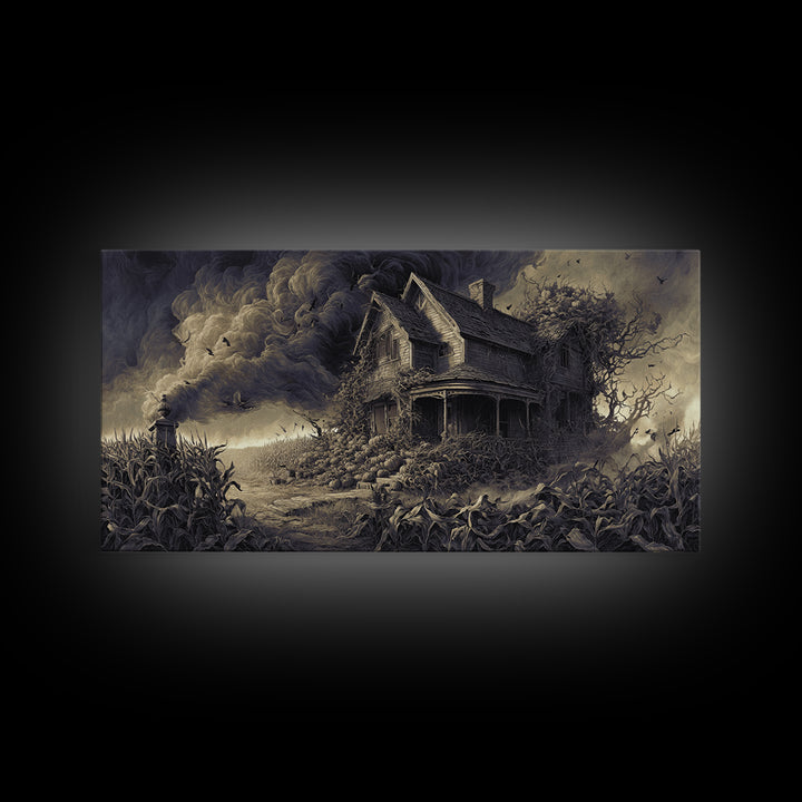 The Possessed Farmhouse, Wide Panoramic Art, Gothic Horror Wall Art, Framed Canvas Print, Halloween Wall Decor, Gothic Home Decor