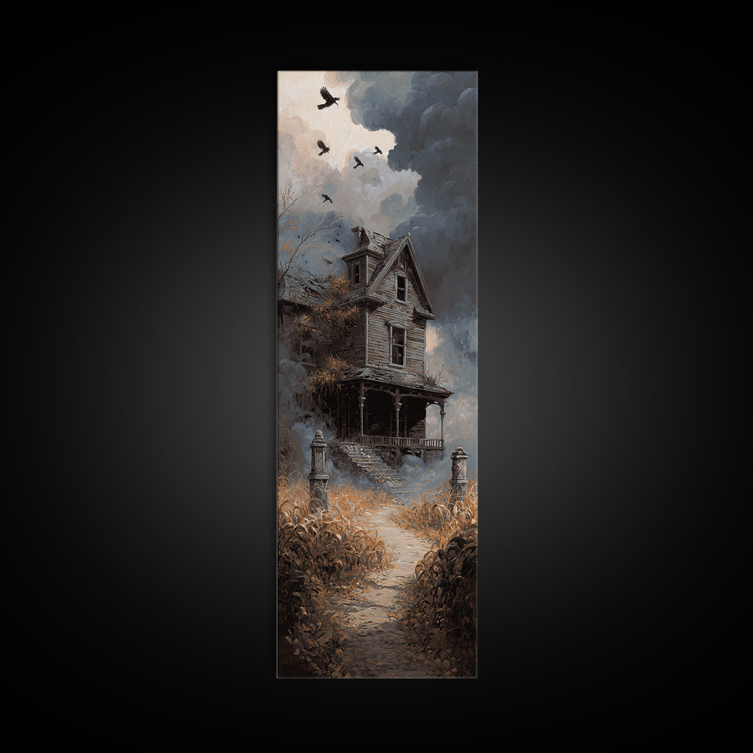 The Possessed Farmhouse, Tall Narrow Wall Art, Haunted Gothic Art, Framed Canvas Print, Halloween Wall Decor, Gothic Home Decor