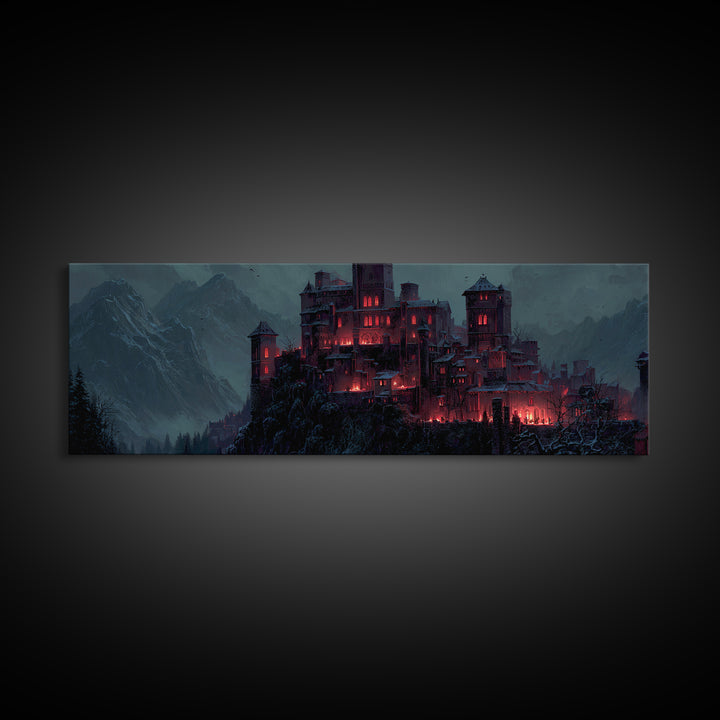 The Vampire Castle, Extra Wide Wall Art, Macabre Wall Art, Framed Canvas Print, Halloween Wall Decor, Gothic Home Decor, Spooky Wall Decor