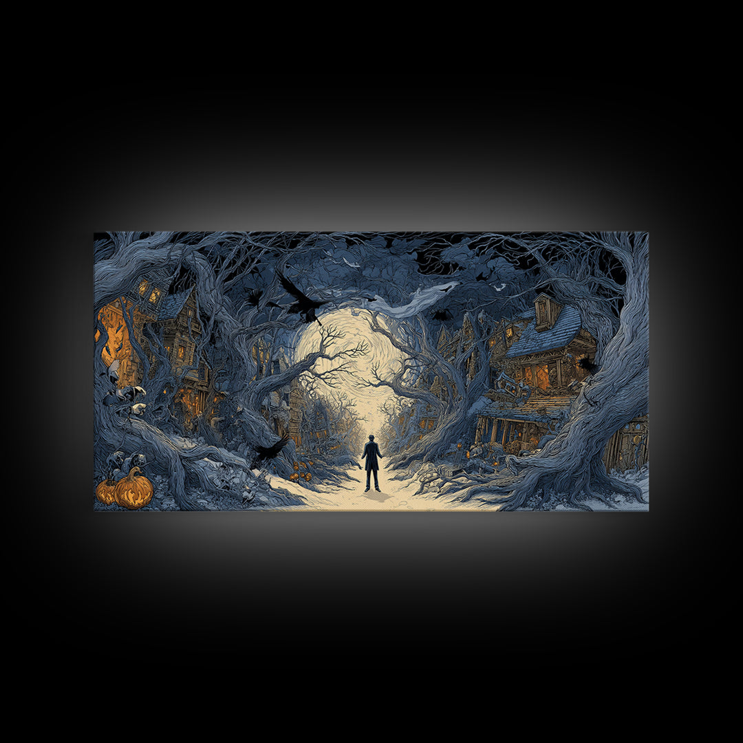 The Ghost Town Main Street, Wide Panoramic Art, Haunted Gothic Art, Framed Canvas Print, Halloween Wall Decor, Gothic Home Decor