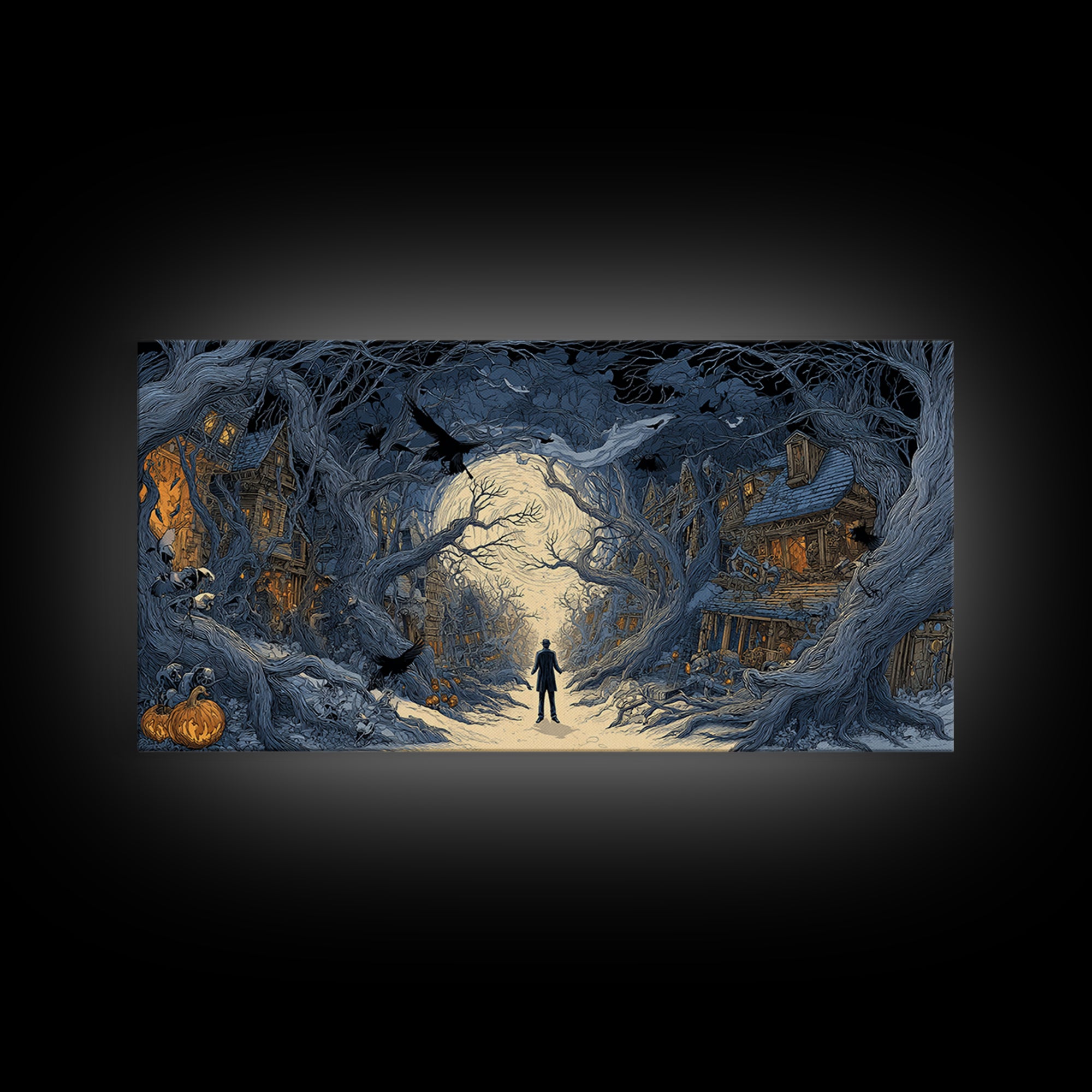 The Ghost Town Main Street, Wide Panoramic Art, Haunted Gothic Art, Framed Canvas Print, Halloween Wall Decor, Gothic Home Decor