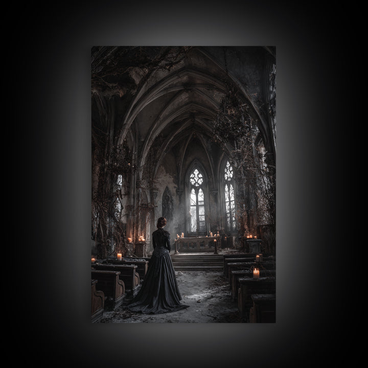 The Overgrown Chapel, Vertical Wall Art, Macabre Wall Art, Framed Canvas Print, Halloween Wall Decor, Gothic Home Decor, Spooky Wall Decor