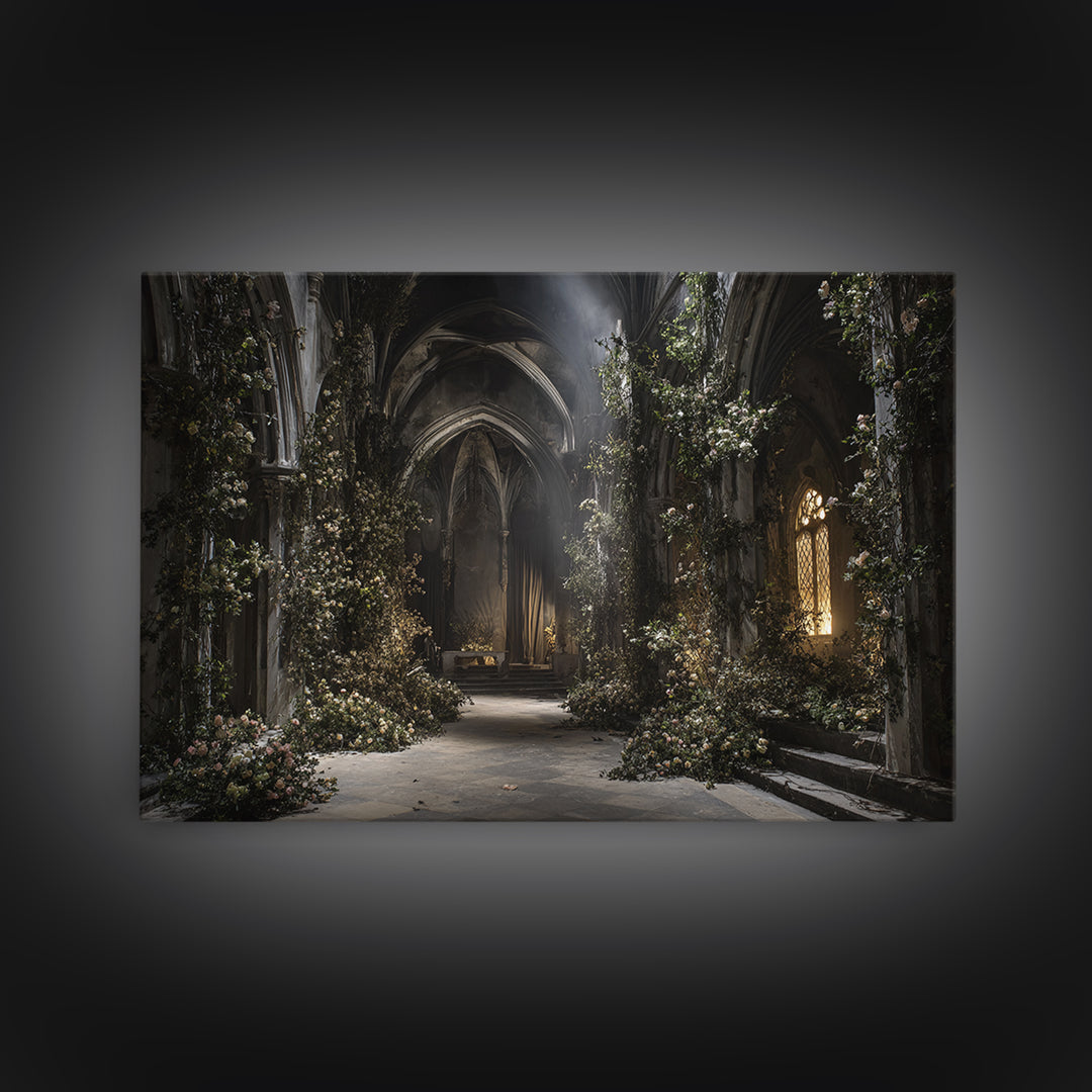 The Overgrown Chapel, Landscape Wall Art, Haunted Gothic Art, Framed Canvas Print, Halloween Wall Decor, Gothic Home Decor