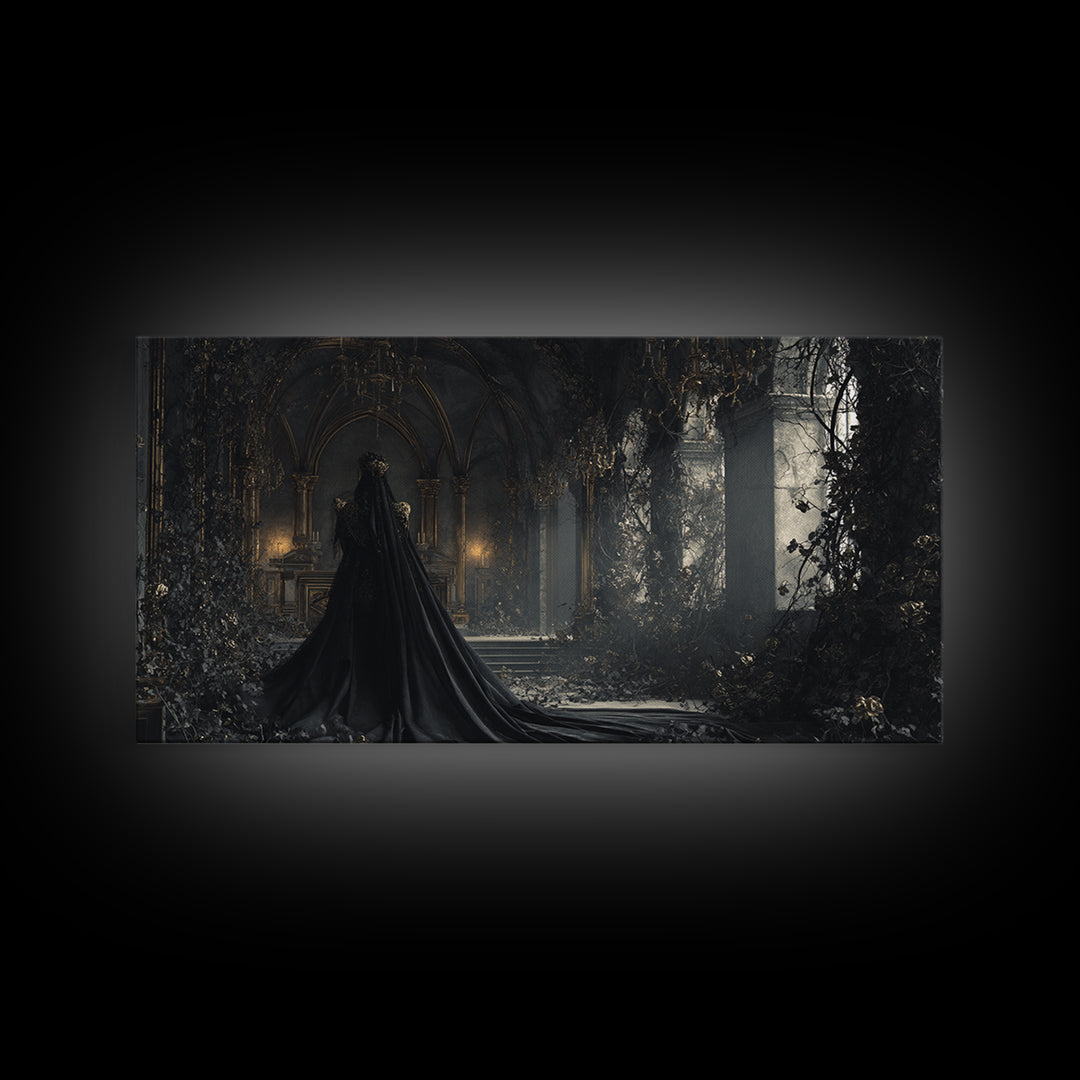 The Overgrown Chapel, Wide Panoramic Art, Macabre Wall Art, Framed Canvas Print, Halloween Wall Decor, Gothic Home Decor, Dark Fantasy Art