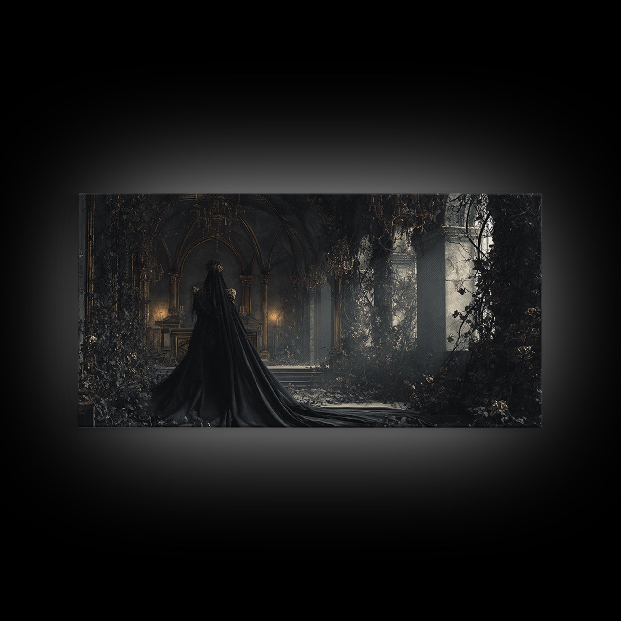 The Overgrown Chapel, Wide Panoramic Art, Macabre Wall Art, Framed Canvas Print, Halloween Wall Decor, Gothic Home Decor, Dark Fantasy Art