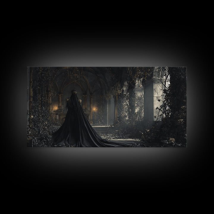 The Overgrown Chapel, Wide Panoramic Art, Macabre Wall Art, Framed Canvas Print, Halloween Wall Decor, Gothic Home Decor, Dark Fantasy Art