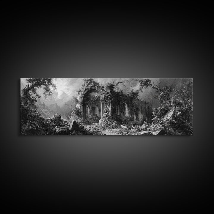 The Overgrown Chapel, Extra Wide Wall Art, Haunted Gothic Art, Framed Canvas Print, Halloween Wall Decor, Gothic Home Decor
