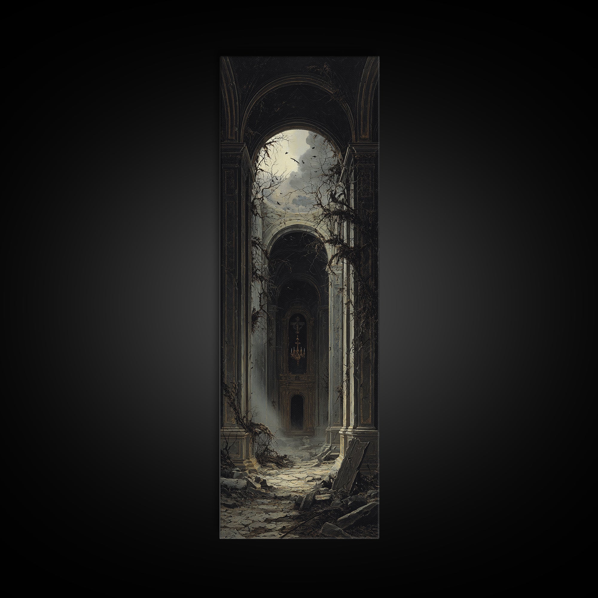 The Overgrown Chapel, Tall Narrow Wall Art, Dark Halloween Decor, Canvas Print, Halloween Wall Decor, Gothic Home Decor, Spooky Wall Decor