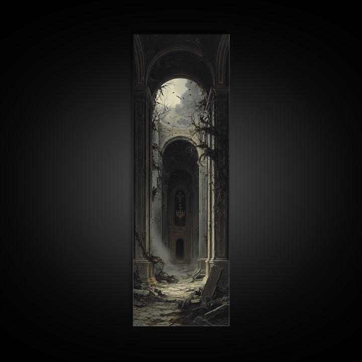 The Overgrown Chapel, Tall Narrow Wall Art, Dark Halloween Decor, Canvas Print, Halloween Wall Decor, Gothic Home Decor, Spooky Wall Decor