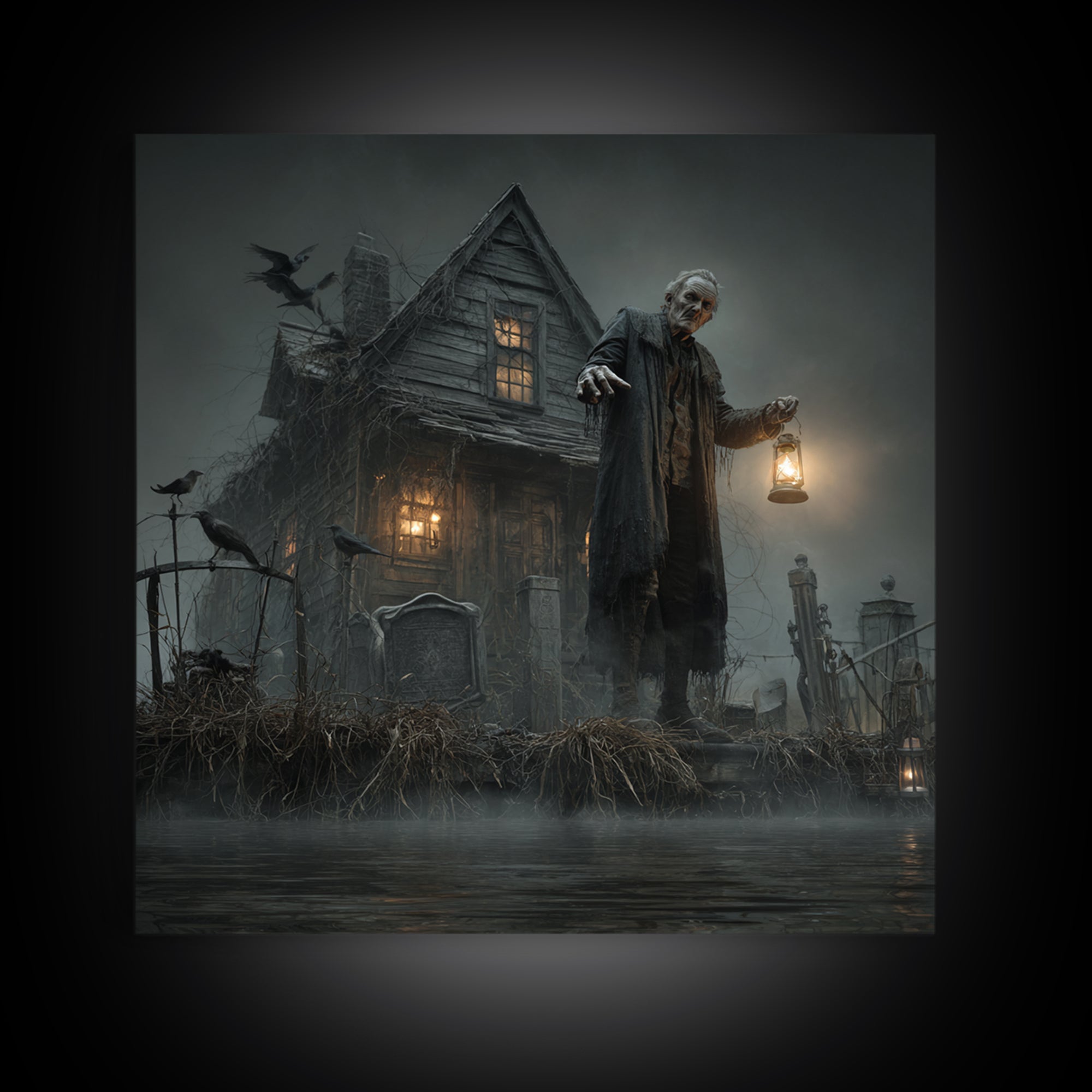 The Foggy Swamp Shack, Square Wall Art, Haunted Gothic Art, Framed Canvas Print, Halloween Wall Decor, Gothic Home Decor, Spooky Wall Decor