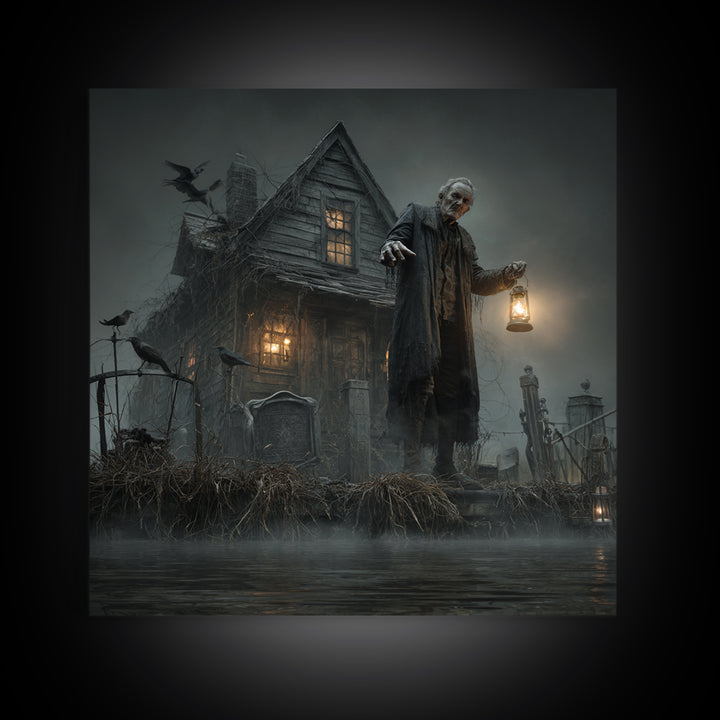 The Foggy Swamp Shack, Square Wall Art, Haunted Gothic Art, Framed Canvas Print, Halloween Wall Decor, Gothic Home Decor, Spooky Wall Decor