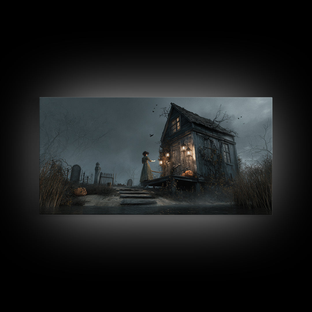 The Foggy Swamp Shack, Wide Panoramic Art, Gothic Horror Wall Art, Framed Canvas Print, Halloween Wall Decor, Gothic Home Decor