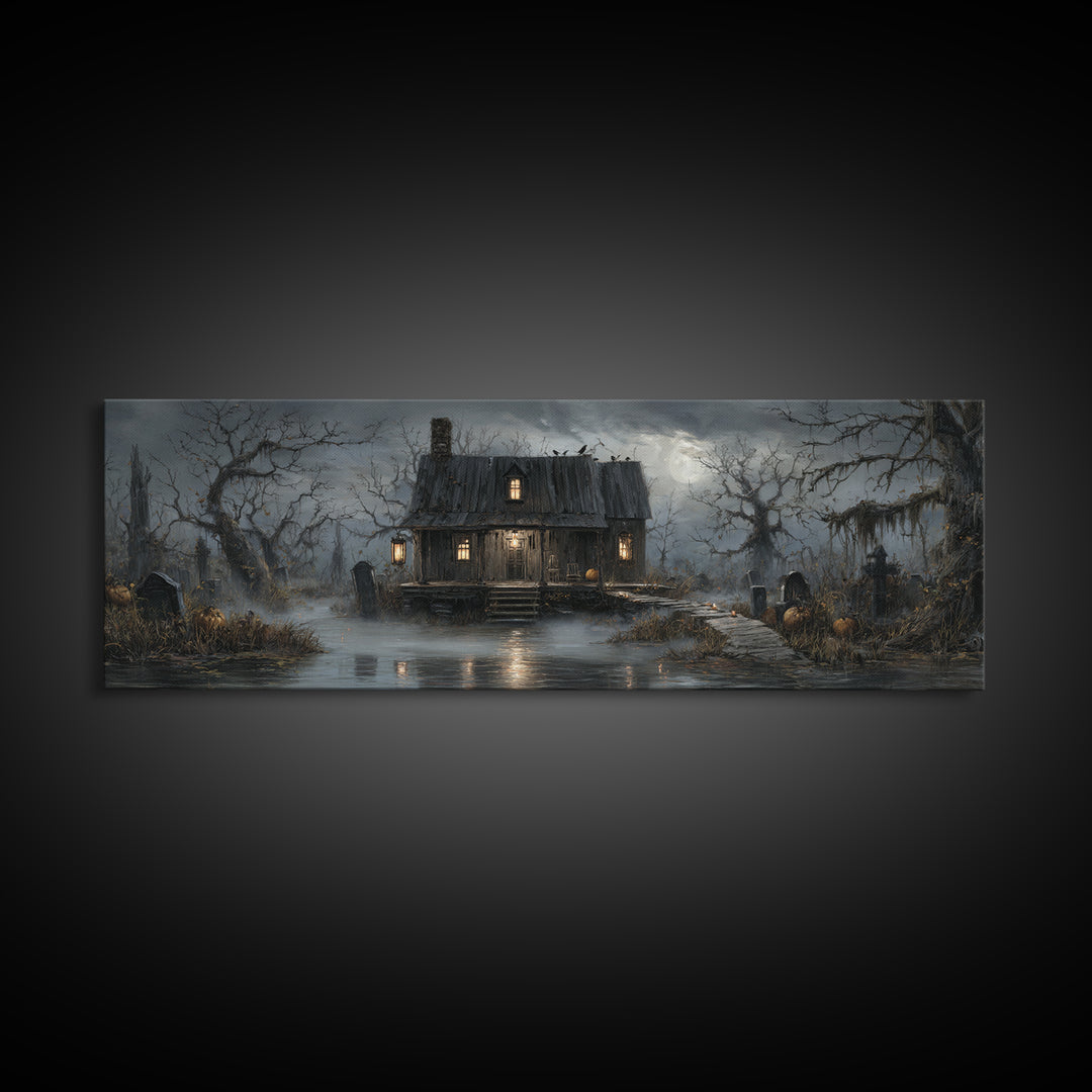 The Foggy Swamp Shack, Extra Wide Wall Art, Haunted Gothic Art, Framed Canvas Print, Halloween Wall Decor, Gothic Home Decor