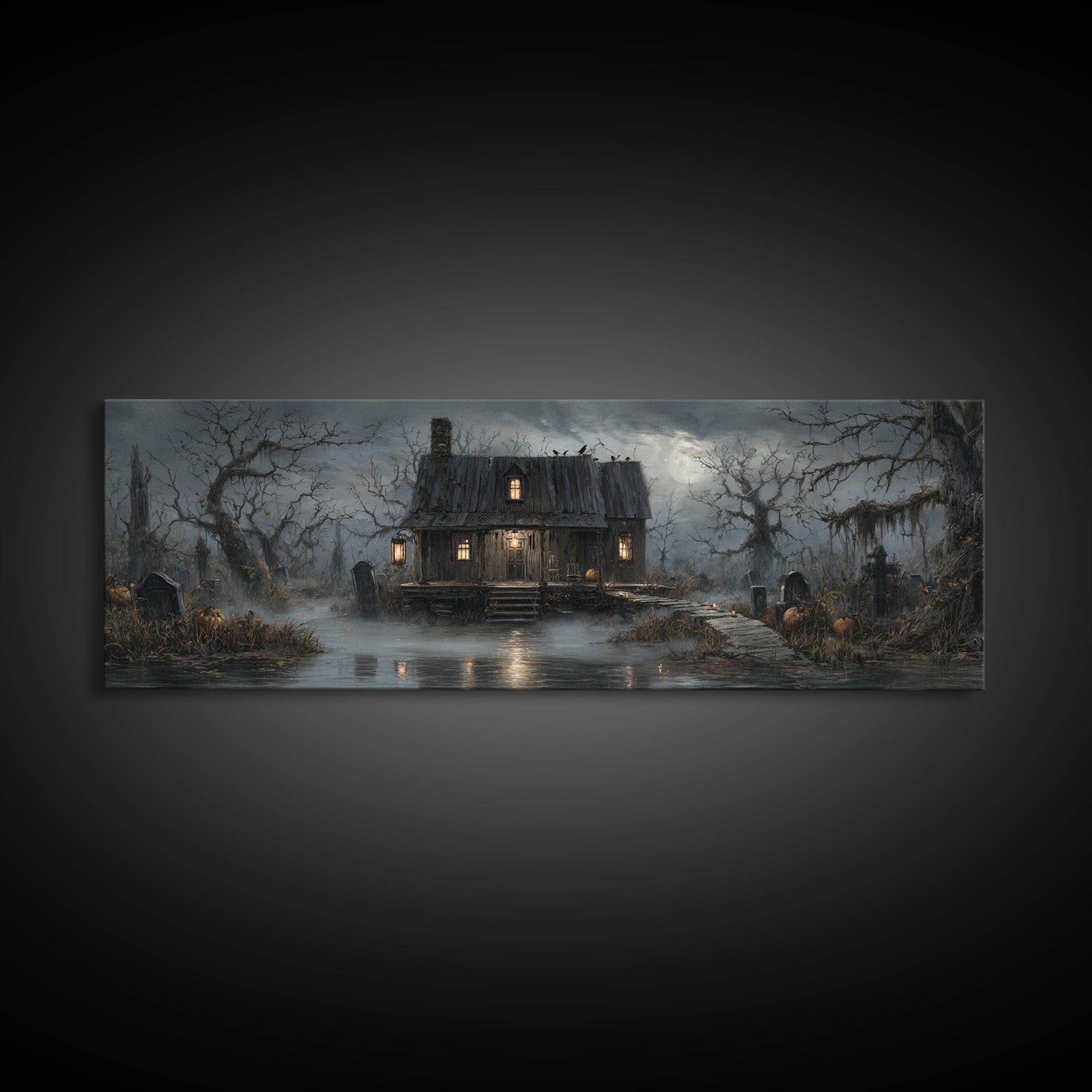 The Foggy Swamp Shack, Extra Wide Wall Art, Haunted Gothic Art, Framed Canvas Print, Halloween Wall Decor, Gothic Home Decor