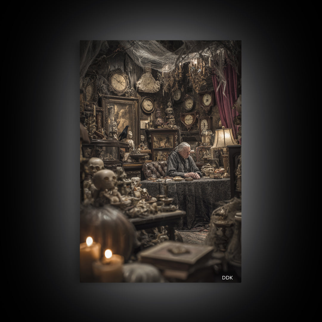 The Midnight Antique Shop, Vertical Wall Art, Macabre Wall Art, Framed Canvas Print, Halloween Wall Decor, Gothic Home Decor