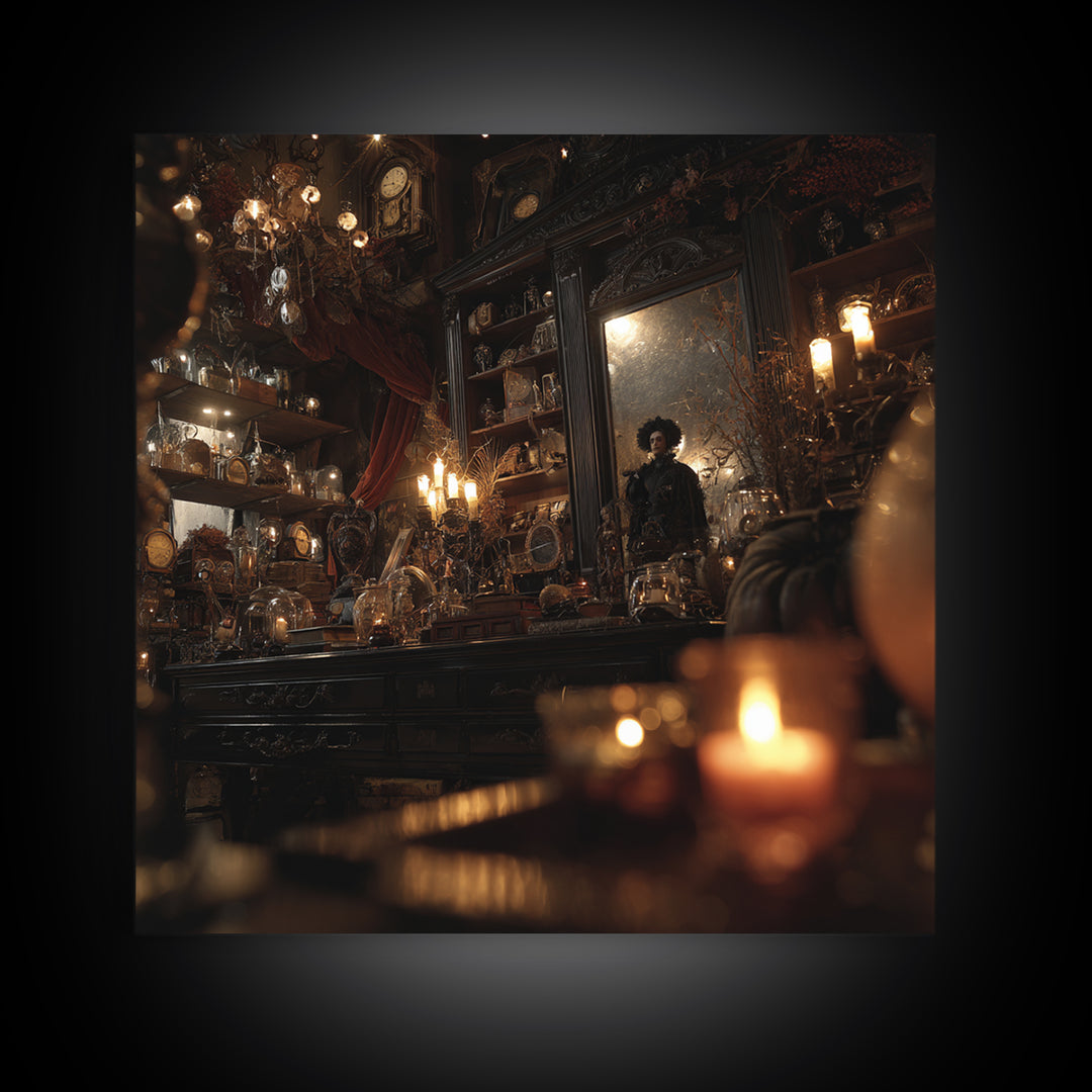 The Midnight Antique Shop, Square Wall Art, Haunted Gothic Art, Framed Canvas Print, Halloween Wall Decor, Gothic Home Decor