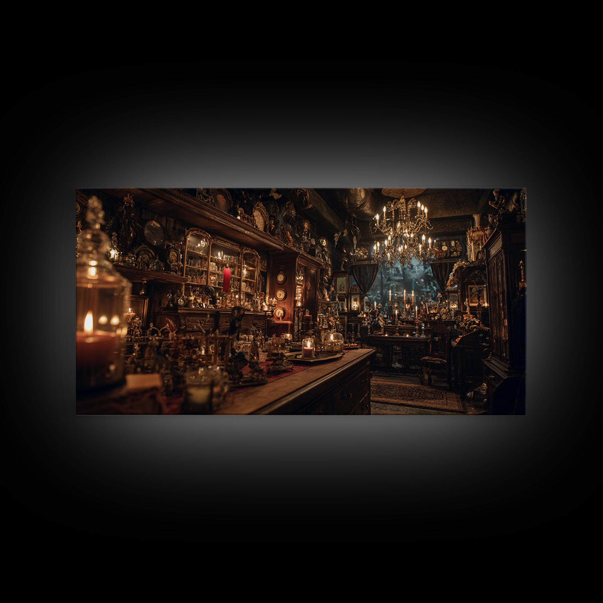 The Midnight Antique Shop, Wide Panoramic Art, Haunted Gothic Art, Framed Canvas Print, Halloween Wall Decor, Gothic Home Decor