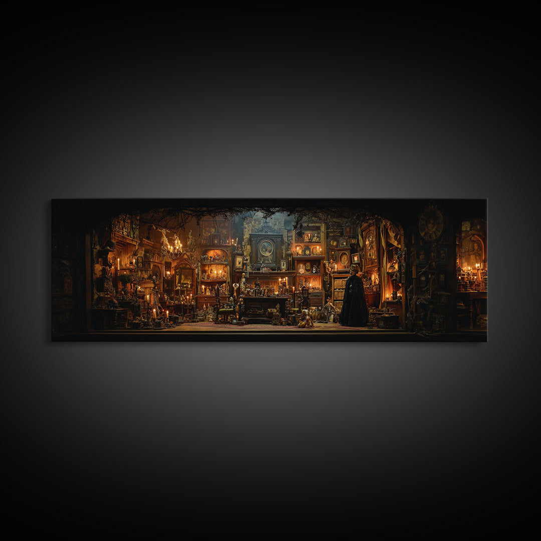 The Midnight Antique Shop, Extra Wide Wall Art, Gothic Horror Wall Art, Framed Canvas Print, Halloween Wall Decor, Gothic Home Decor