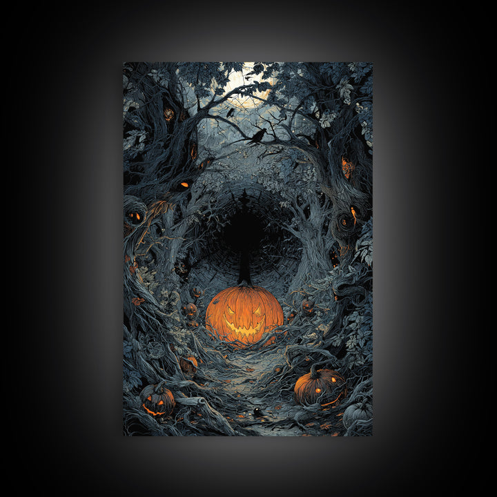 The Pumpkin Patch Maze, Vertical Wall Art, Gothic Horror Wall Art, Framed Canvas Print, Halloween Wall Decor, Gothic Home Decor