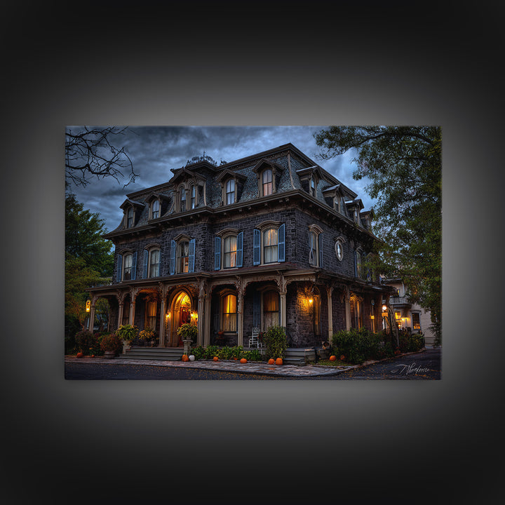 The Haunted Hotel, Landscape Wall Art, Haunted Gothic Art, Framed Canvas Print, Halloween Wall Decor, Gothic Home Decor