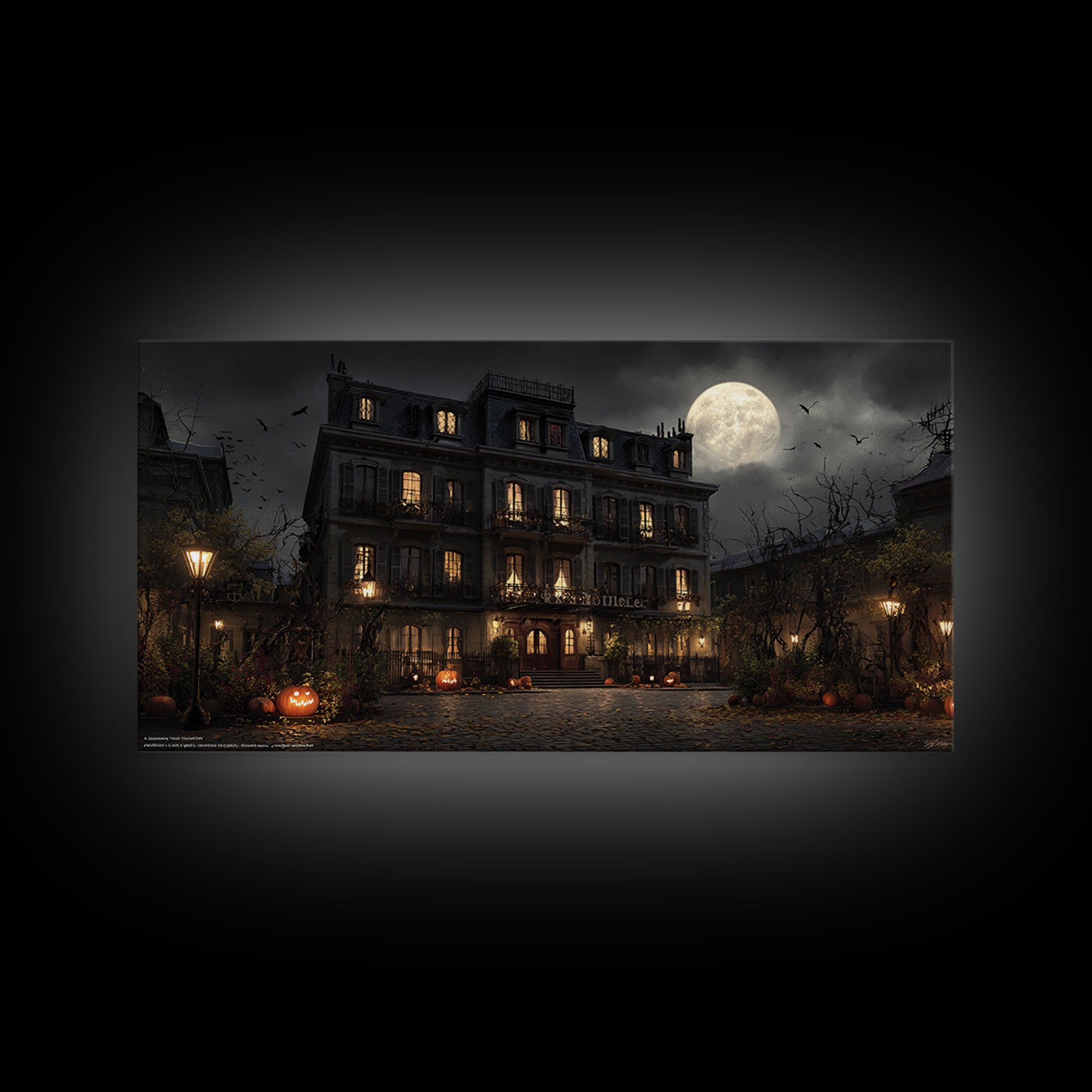 The Haunted Hotel, Wide Panoramic Art, Macabre Wall Art, Framed Canvas Print, Halloween Wall Decor, Gothic Home Decor, Horror Wall Art