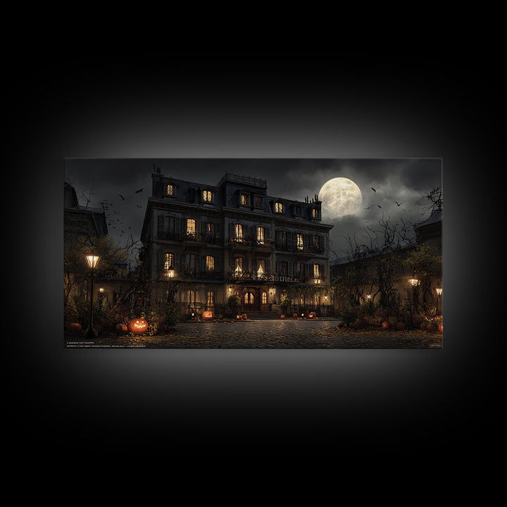 The Haunted Hotel, Wide Panoramic Art, Macabre Wall Art, Framed Canvas Print, Halloween Wall Decor, Gothic Home Decor, Horror Wall Art